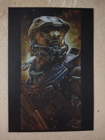 Image of Halo Master Chief Artwork 100% super-soft colored pencils, Prismacolor and Faber Castel, 9x12 in size, done on 180g black Canson paper