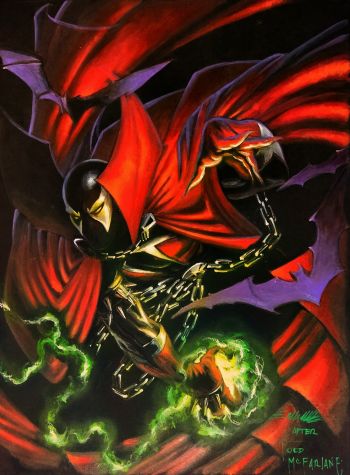 Image of Spawn #1 homage Acrylics by Manu Silva on black paper 11x17