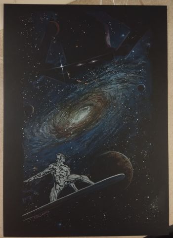 Image of Galactus and Silver Surfer, art size ('11x17') made 100% colored pencil on 180 gsm Canson colored paper. art by Edi Santos