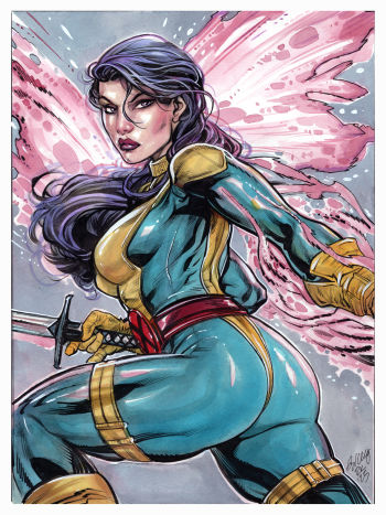 Image of PSYLOCKE in her X-Men Yellow and Blue Uniform 9X12 inch color sketch by Ryan Kelly!