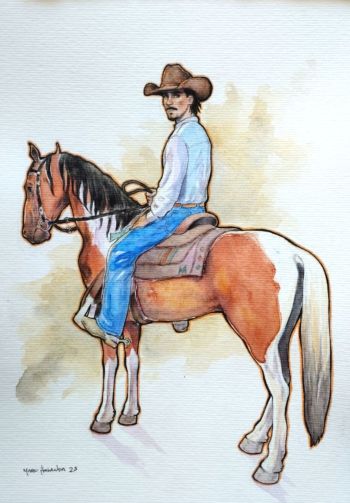 Image of Cowboy on a Painted Horse Watercolor 9x12