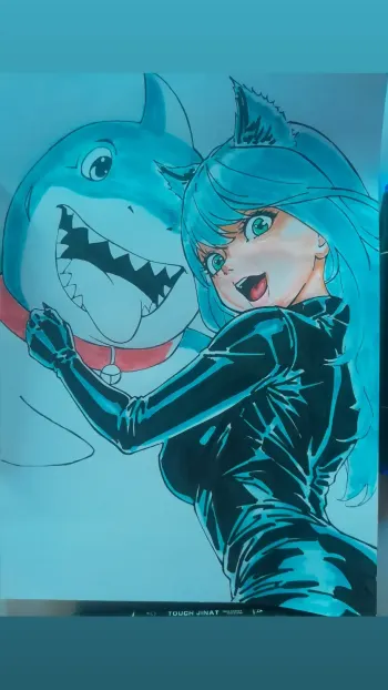 Image of Black cat  and Shark Sketch size 09x12 