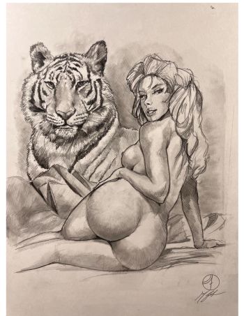 Image of Nude Woman and Tiger Pencil Drawing