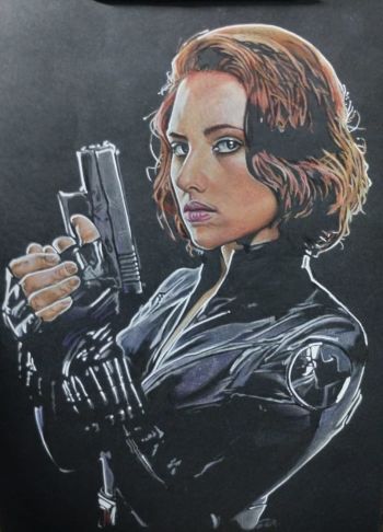 Image of Black Widow Colored Canson paper (black) A4 Giotto and Prismacolor colored pencils