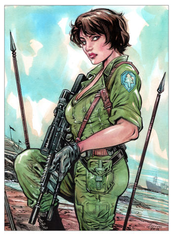 Image of LADY JAYE GI Joe 9 X 12 inch color watercolor sketch by Ryan Kelly!