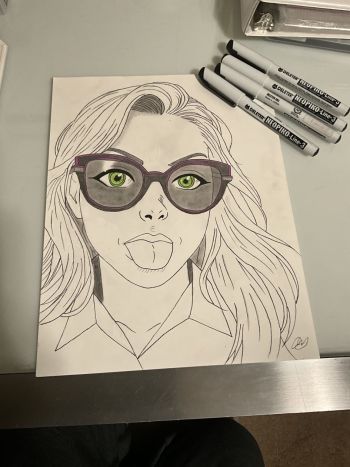 Image of Girl with Glasses Ink Drawing