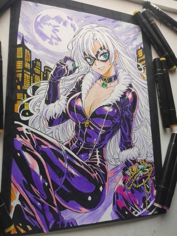 Image of Black Cat Cityscape original art llustration size 11x17 by Aly Rafael 