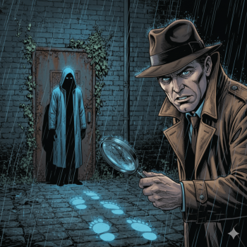 Image of Detective and Hooded Figure in Rainy Alley