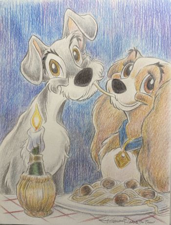 Image of Lady and the Tramp Colored Pencil Drawing