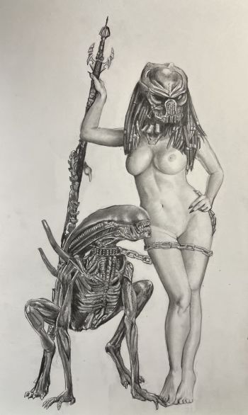 Image of Nude Fem Predator with pet Xenomorph NSFW