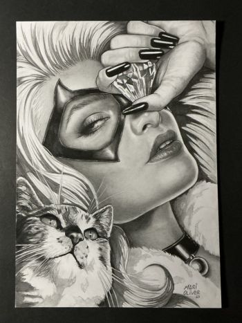 Image of Black Cat and Cat Portrait by Mari Oliver 9x12