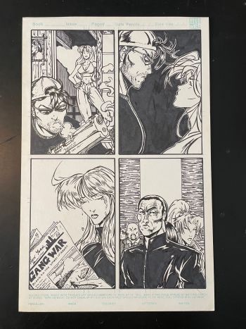 Image of Pineapple Man unpublished page (gang war headline in lower left panel) OA by Sam Campos