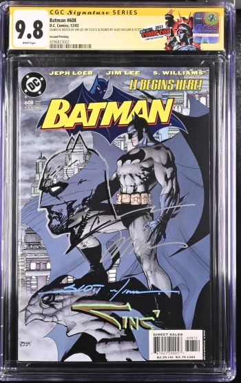 Image of Batman #608 | Second Printing | CGC 9.8 | Signature SeriesSIGNED & SKETCH BY JIM LEE ON 7/23/23, SIGNED BY ALEX SINCLAIR &SCOTT WILLIAMS ON 7/22/23Catwoman, Killer Croc &Poison Ivy appearance.Jeph Loeb storyJim Lee & Scott Williams artJim Lee cover
