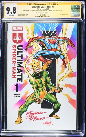 Image of Ultimate Spider-Man #1 | Fourth Printing/Sketch Edition | CGC 9.8 | Signature SeriesCGC Signature Series witnessed the Ron Frenz signing on 6/21/25.CGC Signature Series witnessed the Jose Varese signing on 6/21/25.SIGNED & SKETCH BY RON FRENZ ON 6/21/25 & SIGNED & COLORED BY JOSE VARESE ON 6/21/25Partial blank cover.Jonathan Hickman storyMarco Checchetto art