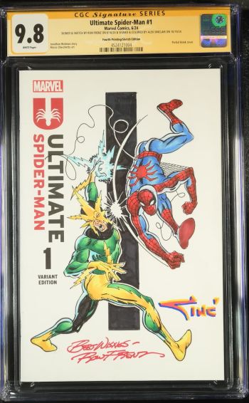 Image of Ultimate Spider-Man #1 | Fourth Printing/Sketch Edition | CGC 9.8 | Signature SeriesCGC Signature Series witnessed the Ron Frenz signing on 6/16/24.CGC Signature Series witnessed the Alex Sinclair signing on 10/19/24.SIGNED & SKETCH BY RON FRENZ ON 6/16/24 & SIGNED & COLORED BY ALEX SINCLAIR ON 10/19/24Partial blank cover.Jonathan Hickman storyMarco Checchetto art