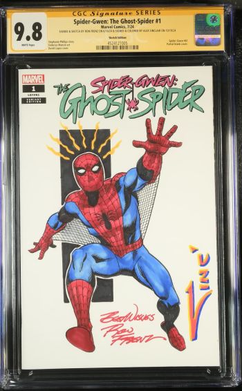 Image of Spider-Gwen: The Ghost-Spider #1 | Sketch Edition | CGC 9.8 | Signature SeriesCGC Signature Series witnessed the Ron Frenz signing on 6/16/24.CGC Signature Series witnessed the Alex Sinclair signing on 10/19/24.SIGNED & SKETCH BY RON FRENZ ON 6/16/24 & SIGNED & COLORED BY ALEX SINCLAIR ON 10/19/24Spider-Gwen #61Partial blank cover.Stephanie Phillips storyFederica Mancin art