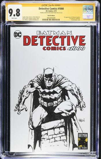 Image of Detective Comics #1000 | Sketch Edition | CGC 9.8 | Signature SeriesCGC Signature Series witnessed the David Finch signing on 7/27/25.SIGNED & SKETCH BY DAVID FINCH ON 7/27/251st appearance of Arkham Knight inDC Universe continuity.Partial blank cover.Snyder, King, Tomasi, O'Neil, Bendis &Priest stories, Nguyen, Daniel, Jones,Lee, Maleev, Capullo & Mahnke art