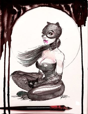 Image of Catwoman w/ Cat. Ink & Watercolor - 9x12