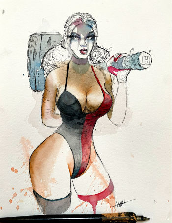 Image of Harley Quinn - ink & watercolor - 9x12
