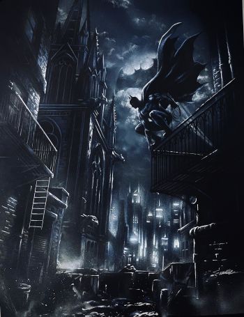 Image of Batman gargoyle of Gotham Connecting 2x Black paper 11x17 ART by Manu Silva 