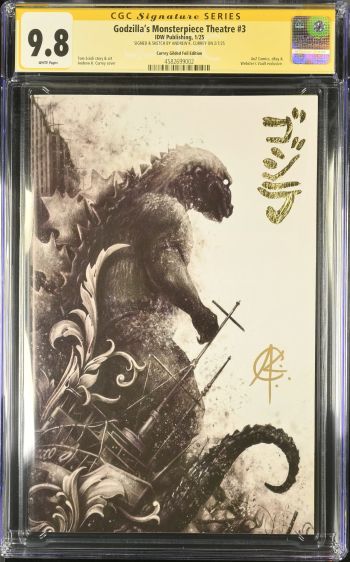 Image of Godzilla's Monsterpiece Theatre #3 | Currey Gilded Foil Edition | CGC 9.8 | Signature SeriesCGC Signature Series witnessed the Andrew K. Currey signing on 2/7/25.SIGNED & SKETCH BY ANDREW K. CURREY ON 2/7/25AnZ Comics, eBay &Webster's Vault exclusive.Tom Scioli story & artAndrew K. Currey cover