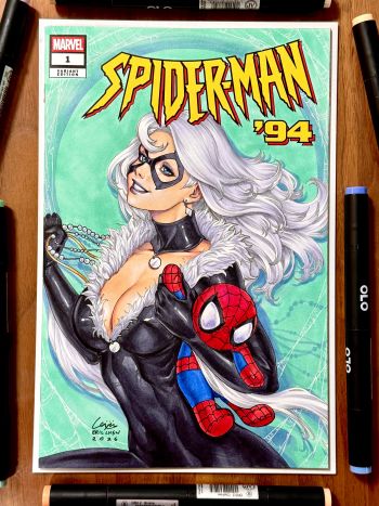 Image of Black Cat / Felicia Hardy with a Spider-Man plushie