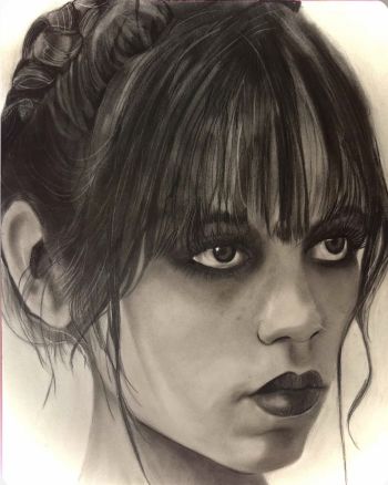 Image of Jenna Ortega Wednesday Adams Portrait by Erinredlineart 