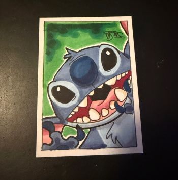 Image of Stitch from Lilo and Stitch by Disney Artist James Silvani, 2.5x3.5 – marker on paper