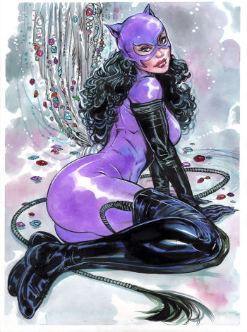 Image of CATWOMAN 90's Style in Purple Costume 9X12 inch color sketch by Ryan Kelly!