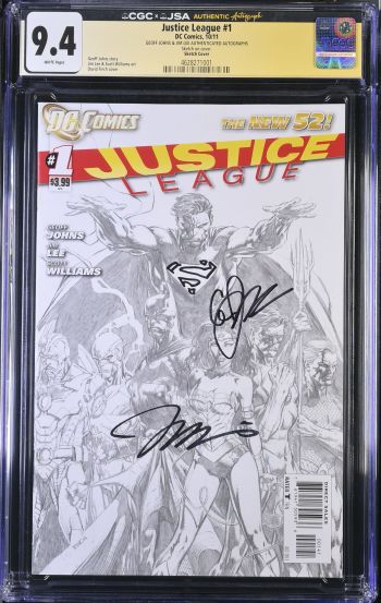 Image of Justice League #1 CGC 9.4 Signed by Geoff Johns & Jim Lee