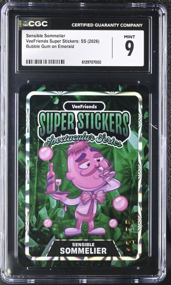 Image of Sensible Sommelier | VeeFriends Super Stickers: SS | Bubble Gum on Emerald | CGC 9