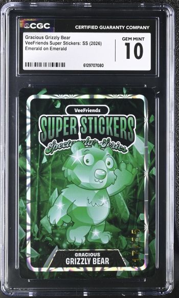 Image of Gracious Grizzly Bear | VeeFriends Super Stickers: SS | Emerald on Emerald | CGC GEM MINT 10