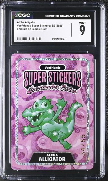 Image of Alpha Alligator | VeeFriends Super Stickers: SS | Emerald on Bubble Gum | CGC 9