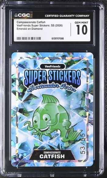 Image of Compassionate Catfish | VeeFriends Super Stickers: SS | Emerald on Diamond | CGC GEM MINT 10