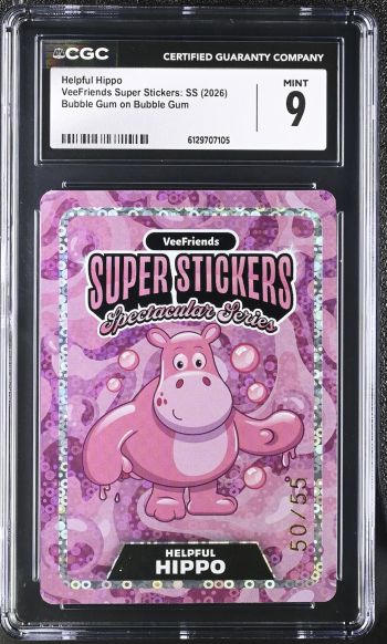 Image of Helpful Hippo | VeeFriends Super Stickers: SS | Bubble Gum on Bubble Gum | CGC 9