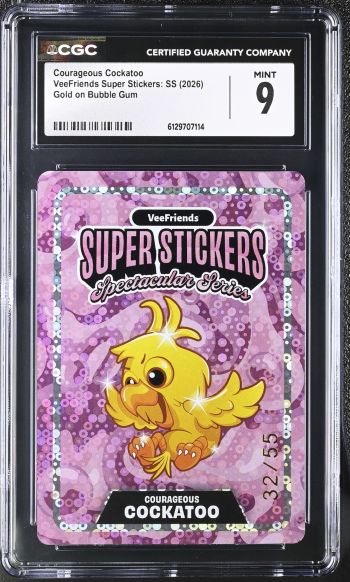 Image of Courageous Cockatoo | VeeFriends Super Stickers: SS | Gold on Bubble Gum | CGC 9