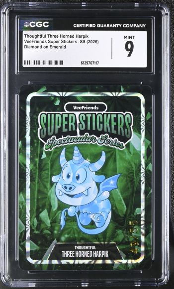 Image of Thoughtful Three Horned Harpik | VeeFriends Super Stickers: SS | Diamond on Emerald | CGC 9