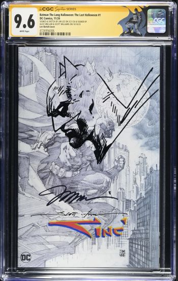 Image of Batman The Long Halloween: The Last Halloween #1 | Lee Sketch Cover | CGC 9.6 | Signature SeriesCGC Signature Series witnessed the Alex Sinclair signing on 10/10/25.CGC Signature Series witnessed the Jim Lee signing on 3/21/26.CGC Signature Series witnessed the Scott Williams signing on 10/10/25.spine stress lines front coverSIGNED & SKETCH BY JIM LEE ON 3/21/26 & SIGNED BYALEX SINCLAIR & SCOTT WILLIAMS ON 10/10/25Jeph Loeb storyEduardo Risso artJim Lee cover