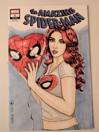 Image of Amazing Spiderman Mary Jane sketch cover drawn in ink and markers.