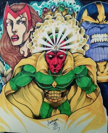 Image of Vision and Scarlet Witch with Thanos 14x17 Art
