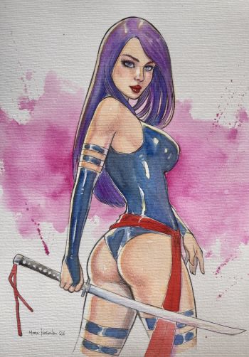 Image of Psylocke Watercolor Illustration 9x12
