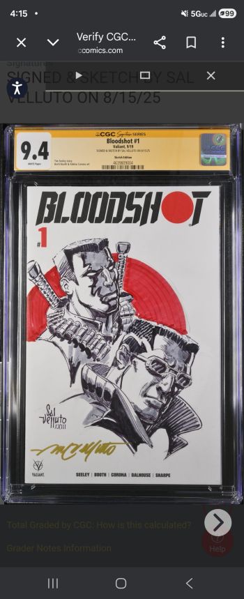 Image of BLOODSHOT #1 (2019) CGC 9.4 SS – CUSTOM SKETCH & SIGNED BY SAL VELLUTO (WITH COLOR)​Body:​Check out this killer Bloodshot piece! This is a CGC 9.4 Signature Series copy of the Bloodshot  by Sal Velluto 