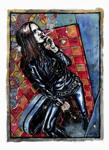 Image of Woman in Black Leather Jacket Smoking Illustration