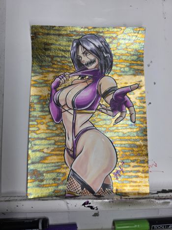 Image of "Tarkatan Tease" 4.5x6.5 Mileena mixed media foil art card by Smo-G
