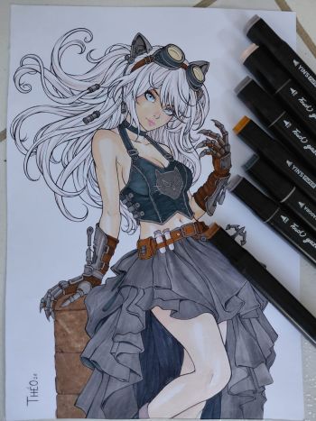 Image of Steampunk-style black cat, 8.3” X 11.8”