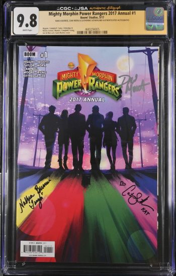Image of Mighty Morphin Power Rangers 2017 Annual #1 | CGC 9.8 | CGCxJSANakia Burrise autograph deemed authentic by JSA.Dan Mora autograph deemed authentic by JSA.Catherine Sutherland autograph deemed authentic by JSA.NAKIA BURRISE, DAN MORA & CATHERINE SUTHERLAND AUTHENTICATED AUTOGRAPHSHiggins, Campbell, Taylor, Kittredge &Moore stories, Montes, Campbell, Irving,Lee & Mora art, Go�i Montes cover