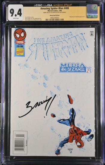 Image of Amazing Spider-Man #408 | CGC 9.4 | CGCxJSAMark Bagley autograph deemed authentic by JSA.very light spine stress linesMARK BAGLEY AUTHENTICATED AUTOGRAPHMysterio & Armada appearance.Tom DeFalco storyMark Bagley & Larry Mahlstedt artMark Bagley & Joe Rubinstein cover