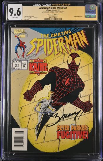 Image of Amazing Spider-Man #401 | CGC 9.6 | CGCxJSAMark Bagley autograph deemed authentic by JSA.very light spine stress linesMARK BAGLEY AUTHENTICATED AUTOGRAPHKaine appearance.J.M. DeMatteis storyMark Bagley & Larry Mahlstedtcover & art