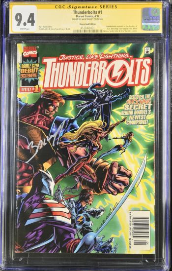 Image of Thunderbolts #1 | CGC 9.4 | Signature SeriesCGC Signature Series witnessed the Mark Bagley signing on 12/6/24.spine stress lines spineSIGNED BY MARK BAGLEY ON 12/6/24Thunderbolts revealed as the Masters ofEvil. Wrecking Crew appearance. BlackWidow, Spider-Man & New Warriors cameo.Kurt Busiek storyMark Bagley & Vince Russell cover & art