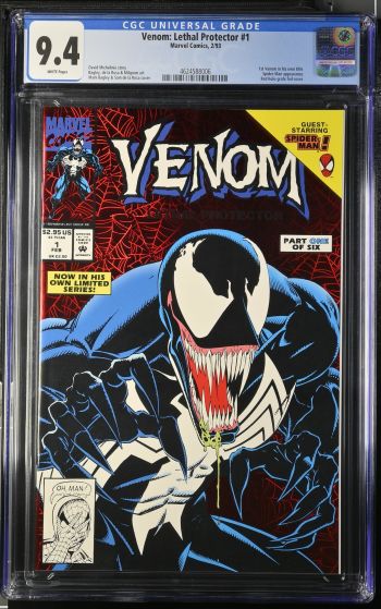 Image of Venom: Lethal Protector #1 | CGC 9.4 | Universalmultiple scuff front cover1st Venom in his own title.Spider-Man appearance.Red holo-grafx foil cover.David Michelinie storyBagley, de la Rosa & Milgrom artMark Bagley & Sam de la Rosa cover